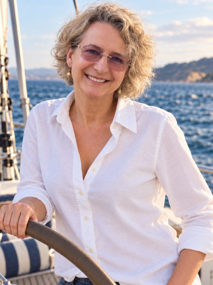 Anna Kapitanski at the helm of a sailboat